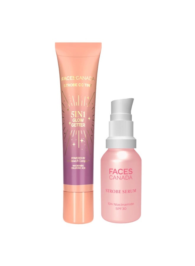FACESCANADA Strobe Skincare Combo for Instant Glow | Strobe Serum, 15ml + Strobe CC Tint - Paradise Vibes, 18ml | SPF 30 | Dewy Highlighter Like Glow | For Fair To Light Skin | Pack of 2 - Image 1